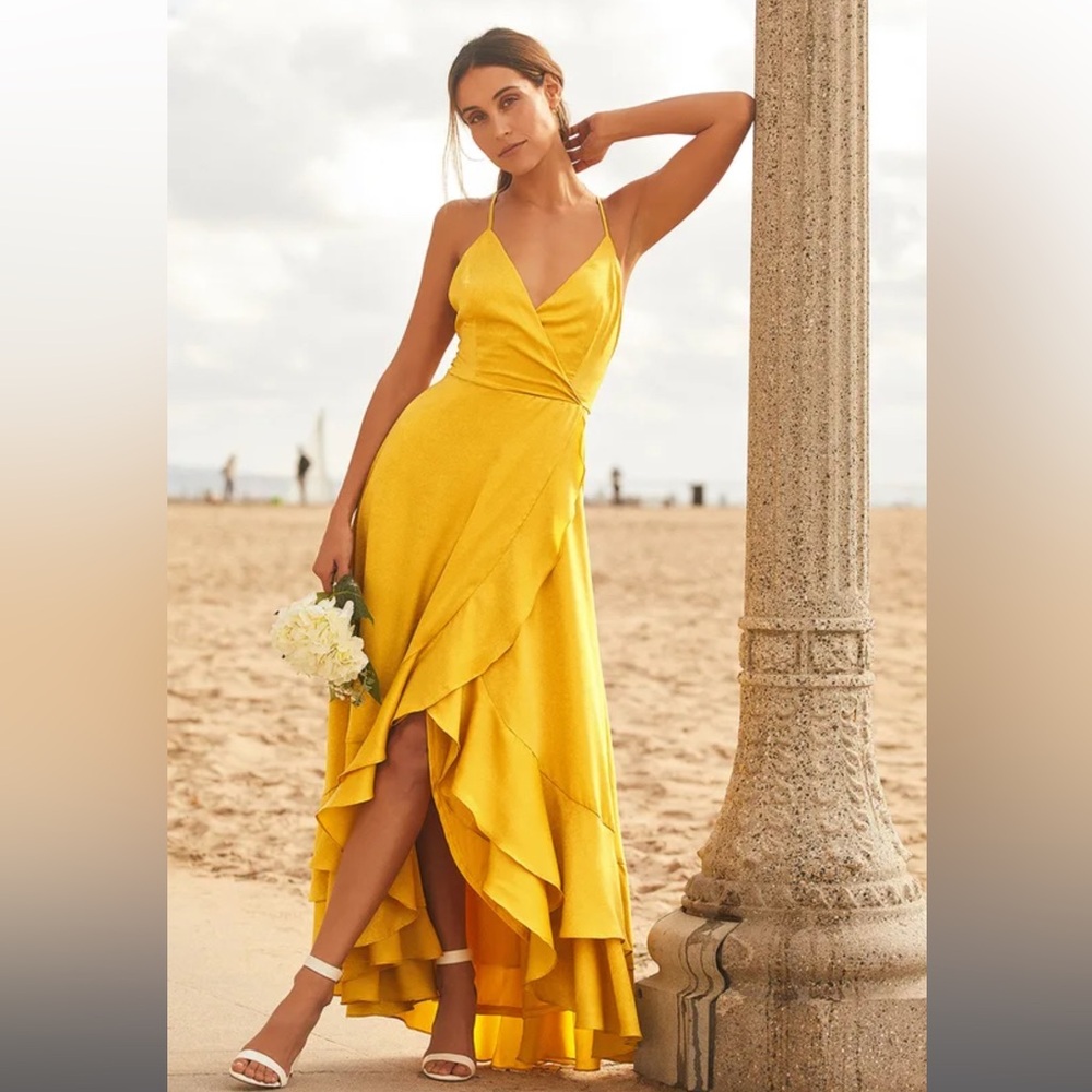 *NWT* Lulu’s In Love Forever Mustard Yellow Satin Lace-Up High-Low Maxi Dress